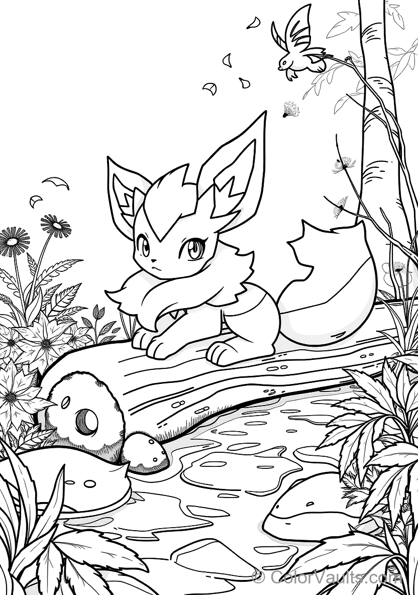 Leafeon with Leaf-shaped Ears and Tail Resting on a Giant Lily Pad (Scene 6)