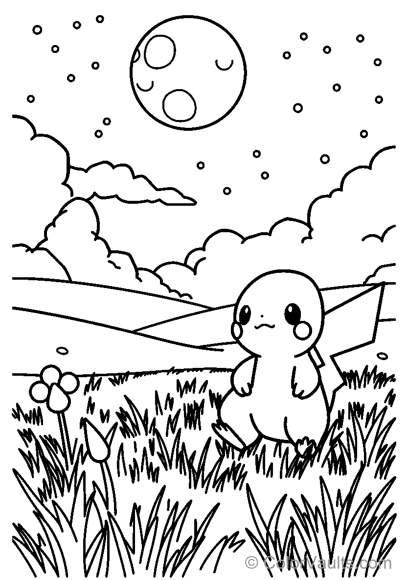Pikachu Sits On Grass Under A Moonlit Sky