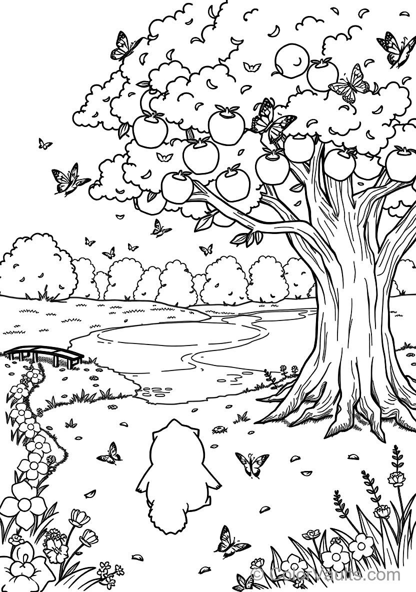 Snorlax Sleeping Peacefully Under a Giant under a Shady Apple Tree