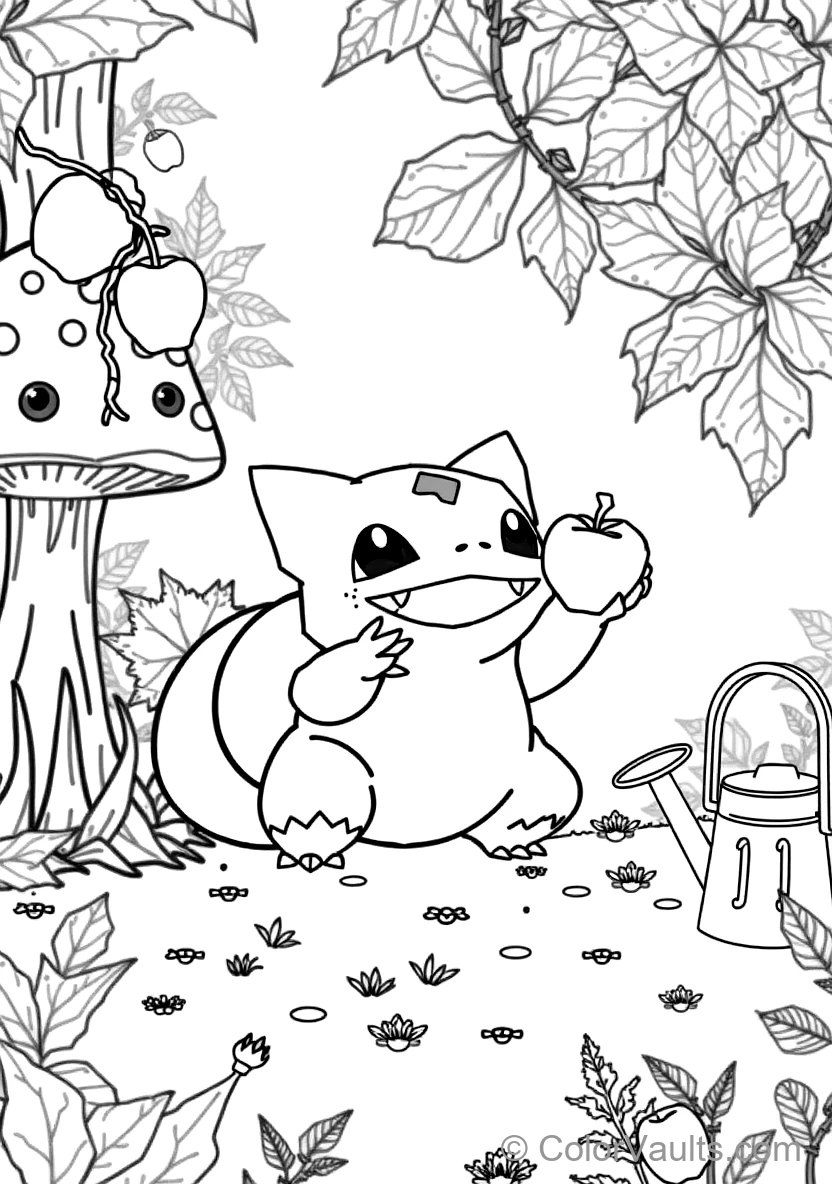 Bulbasaur Happily Using Dual Vine Whips to Plucking Berries with Vine Whips