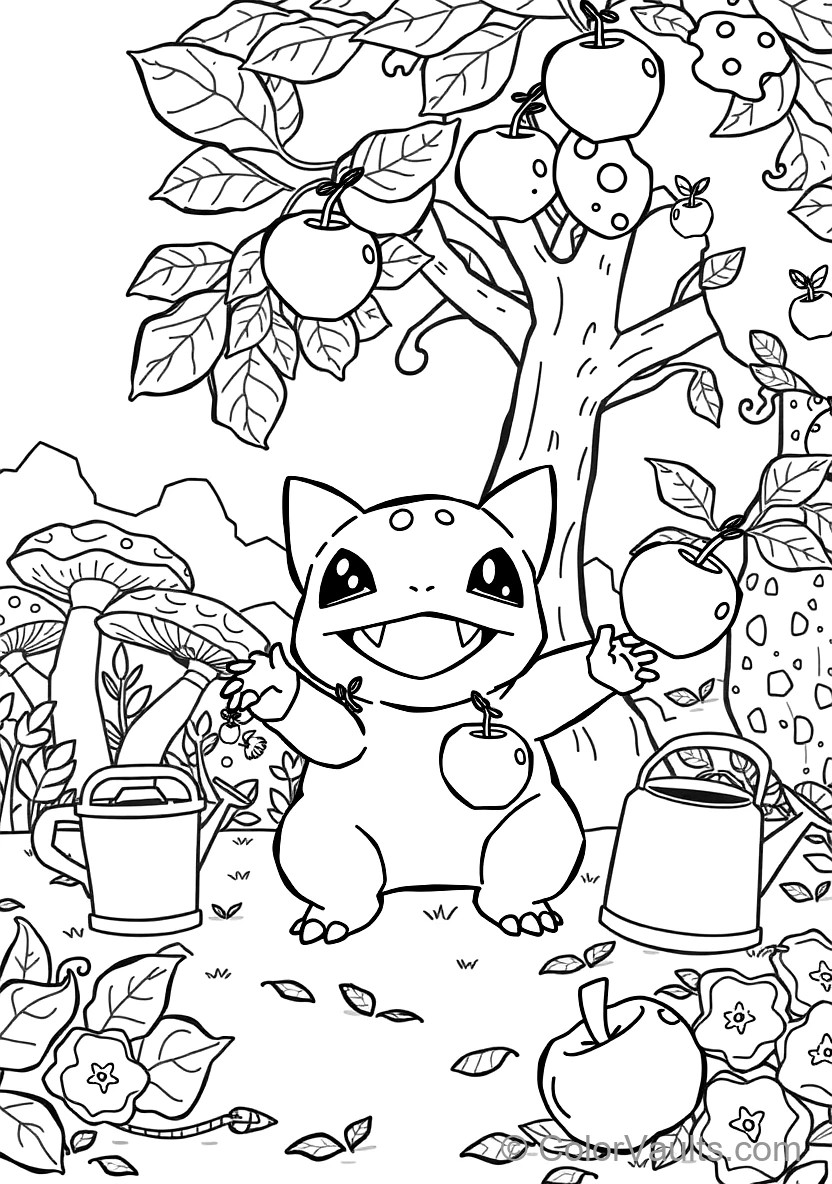 Bulbasaur Happily Using Dual Vine Whips to Plucking Berries with Vine Whips (Scene 3)