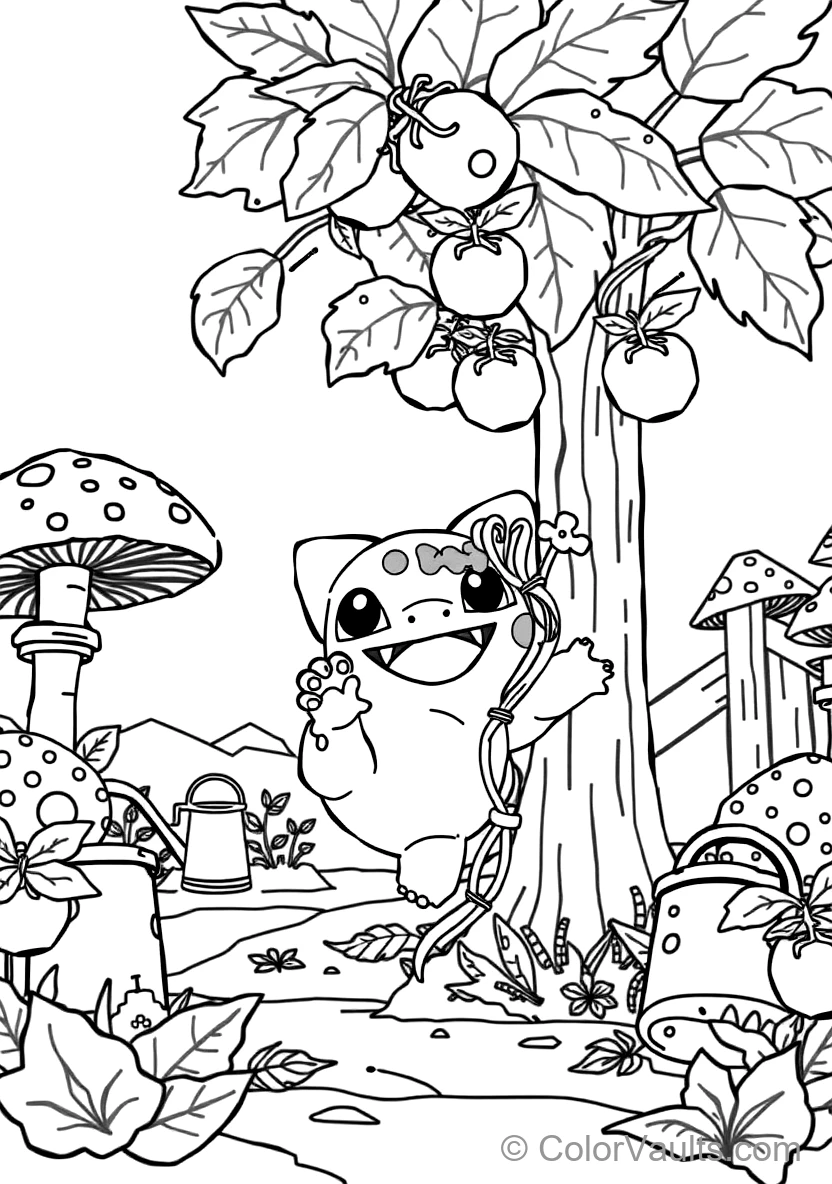 Bulbasaur Happily Using Dual Vine Whips to Plucking Berries with Vine Whips (Scene 7)