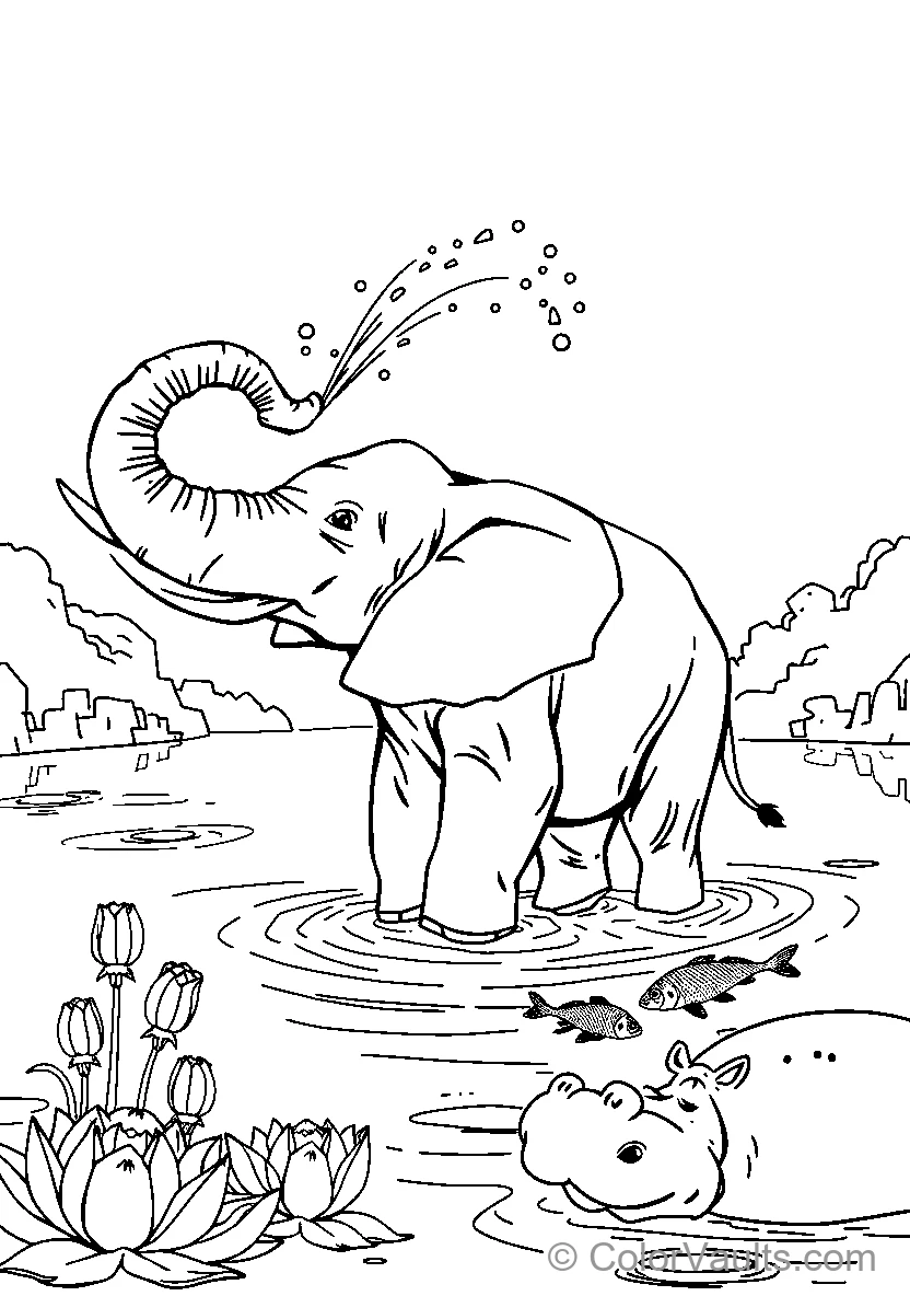 Elephant Splashing In The Pond