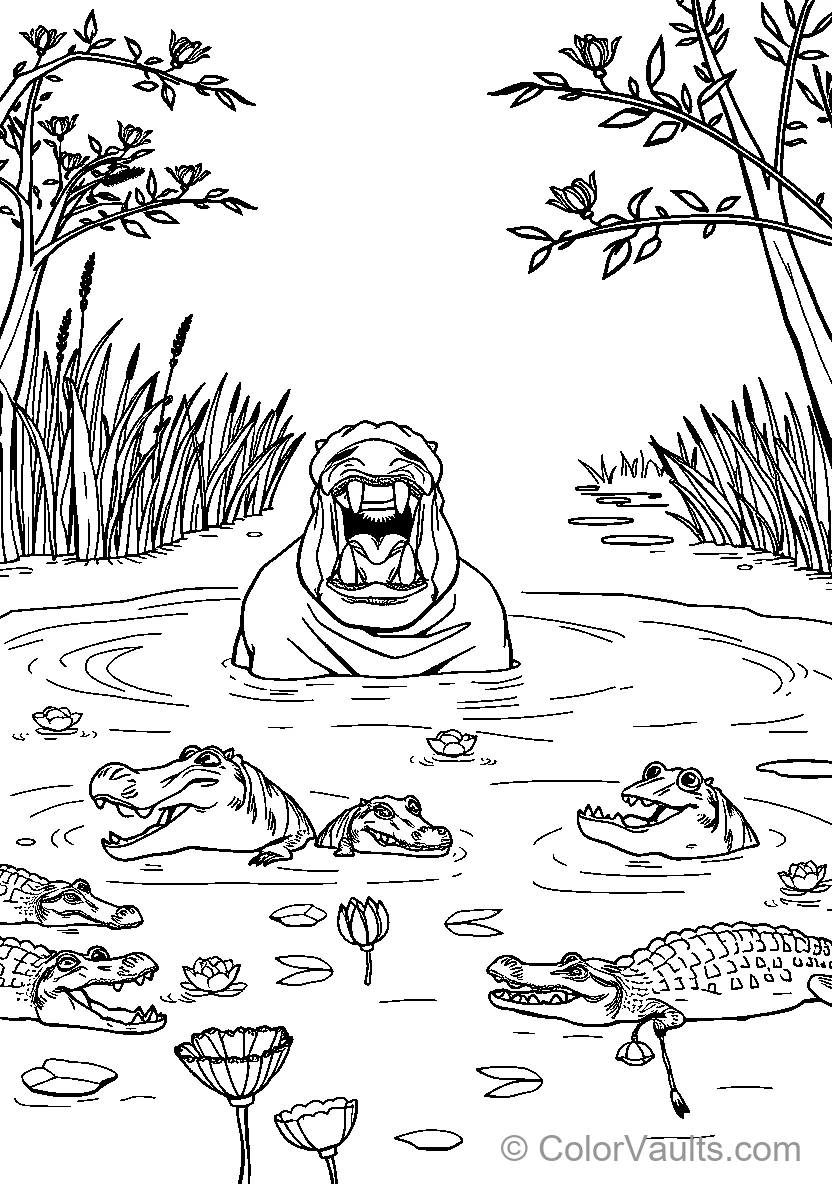 Hippopotamus And Alligators Swimming