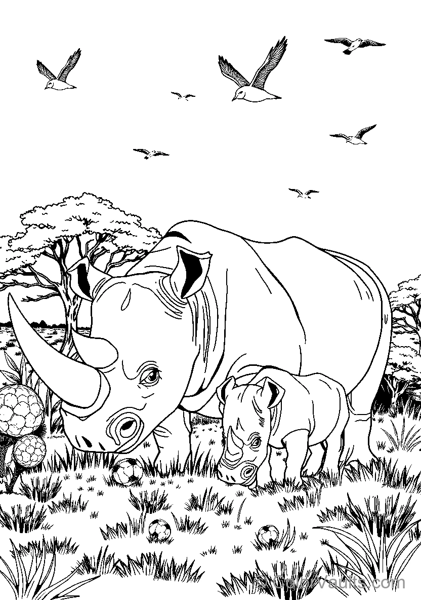 Mother Rhinoceros And Calf In Nature