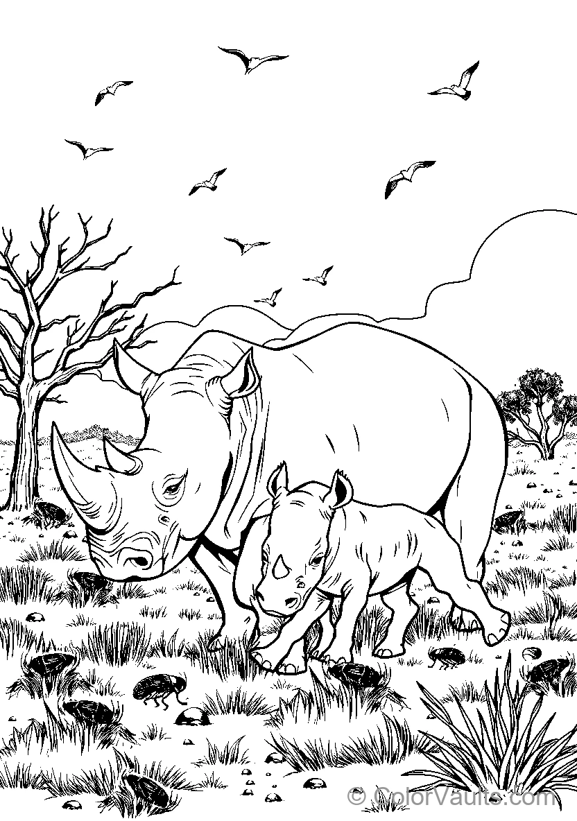Mother Rhinoceros And Calf In Nature (Scene 3)