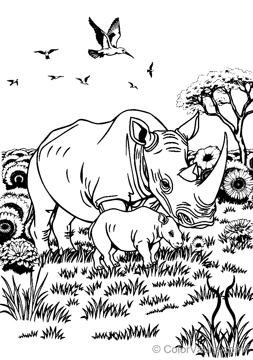 Mother Rhinoceros And Calf In Nature (Scene 5)