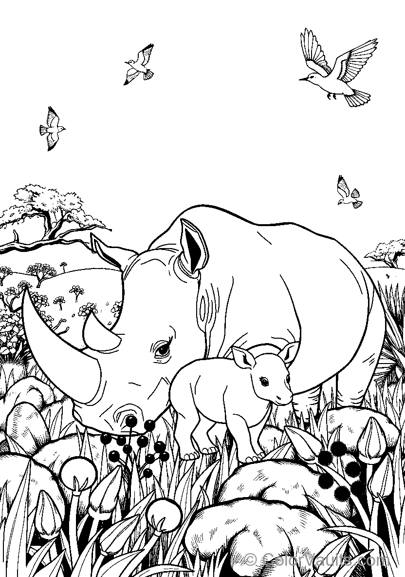 Mother Rhinoceros And Her Calf In Nature