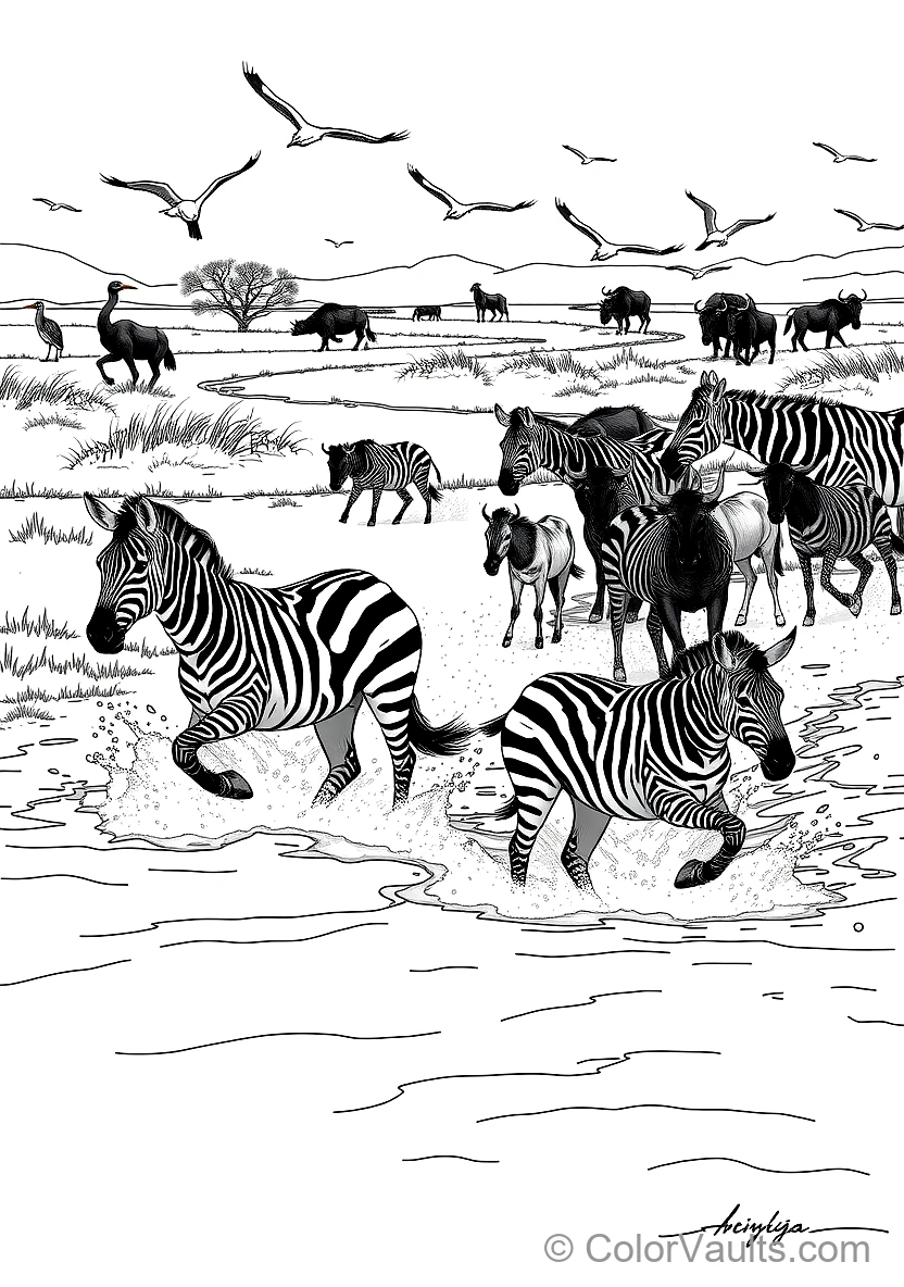 Zebras and Blue Wildebeests Crossing a Shallow River