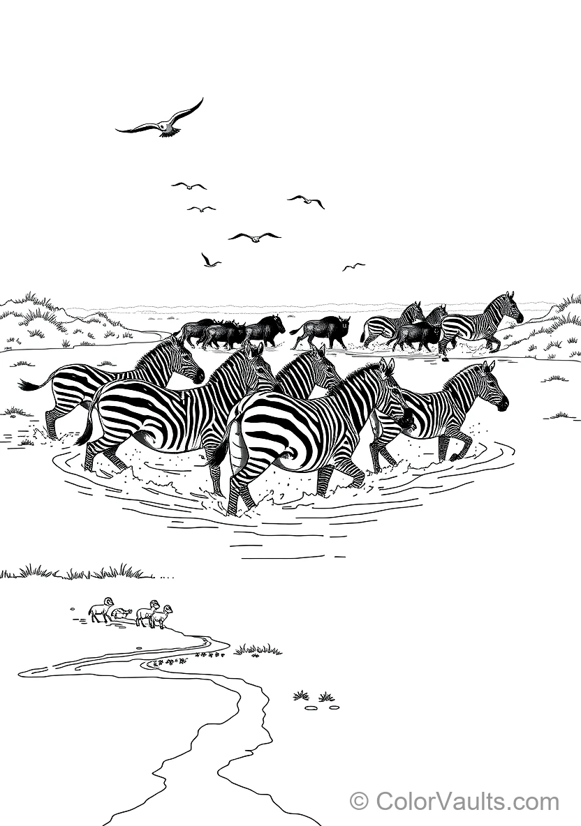 Zebras and Blue Wildebeests Crossing a Shallow River (Scene 2)