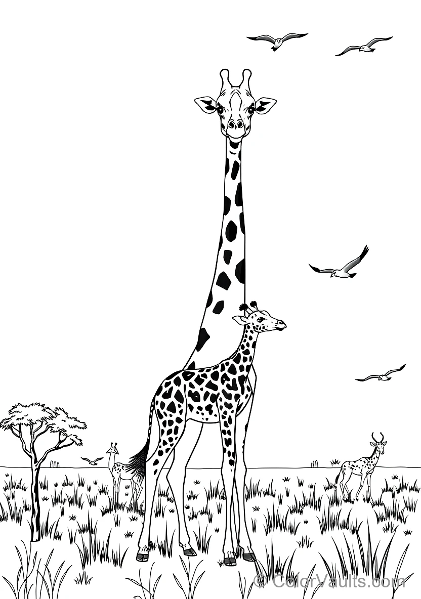 Tall Mother Giraffe and Baby Giraffe Feeding Together