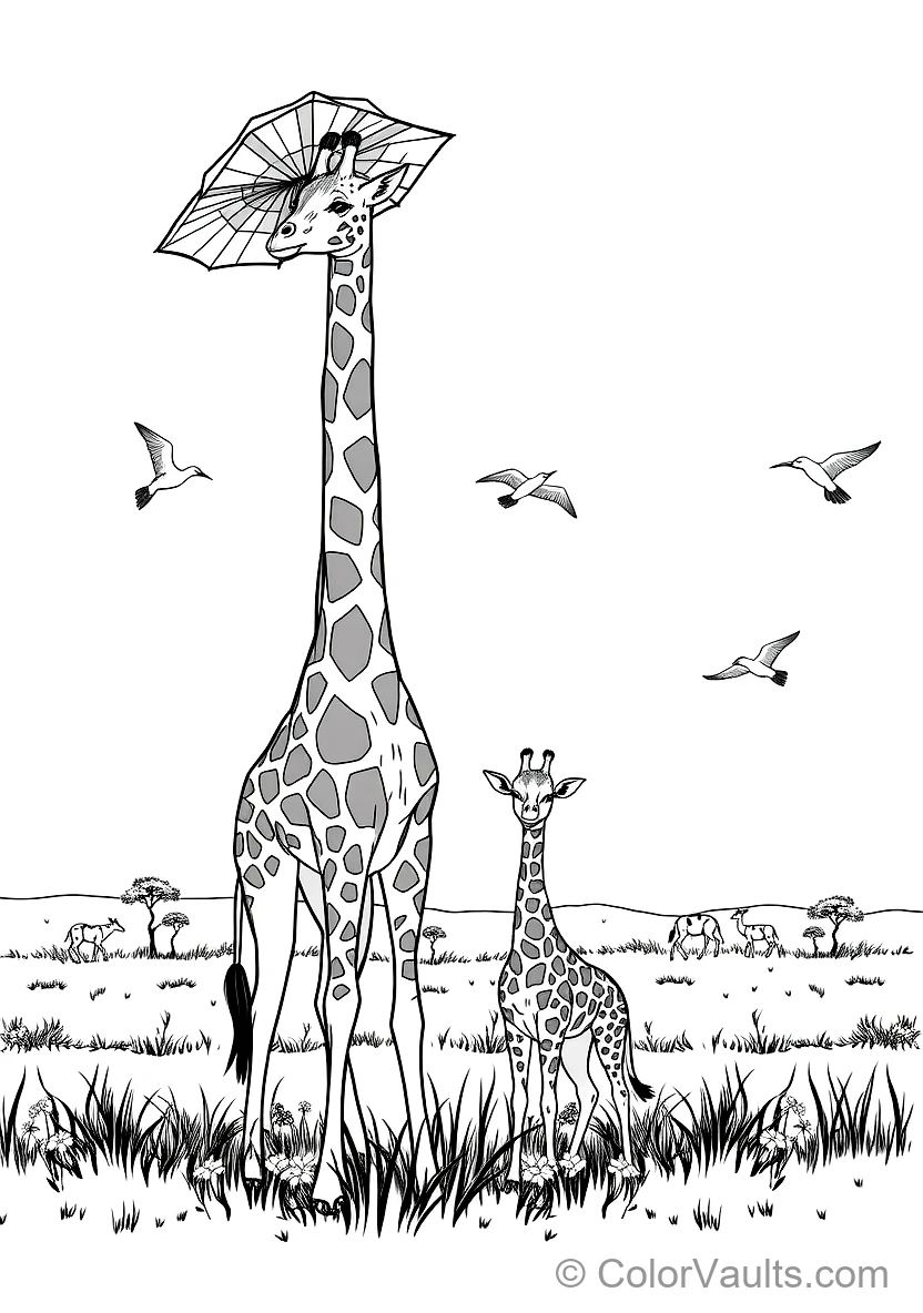 Tall Mother Giraffe and Baby Giraffe Feeding Together (Scene 2)