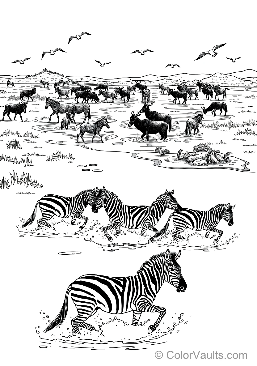 Zebras and Blue Wildebeests Crossing a Shallow River (Scene 3)