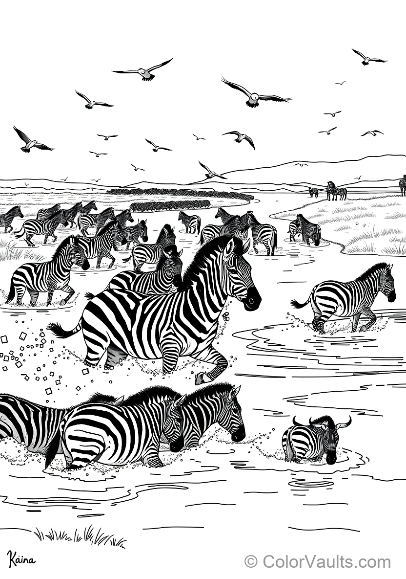 Zebras and Blue Wildebeests Crossing a Shallow River (Scene 4)