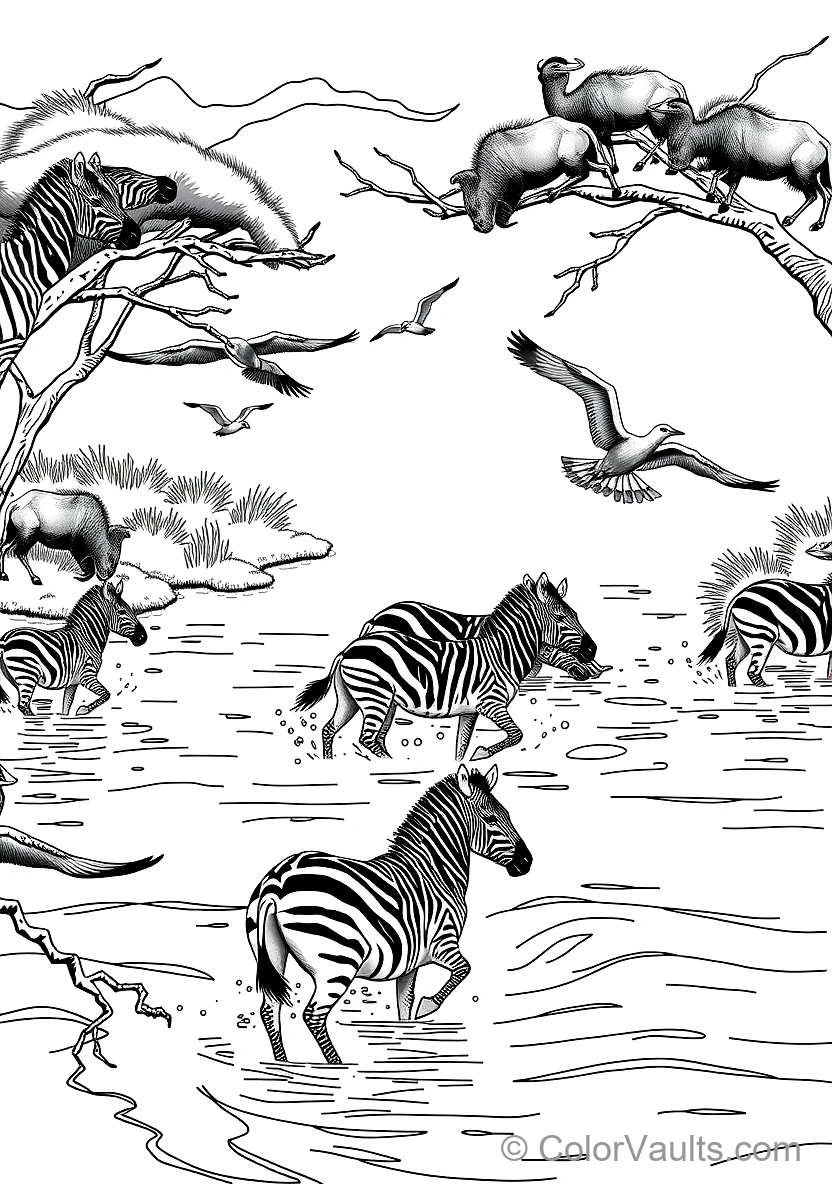 Zebras and Blue Wildebeests Crossing a Shallow River (Scene 5)