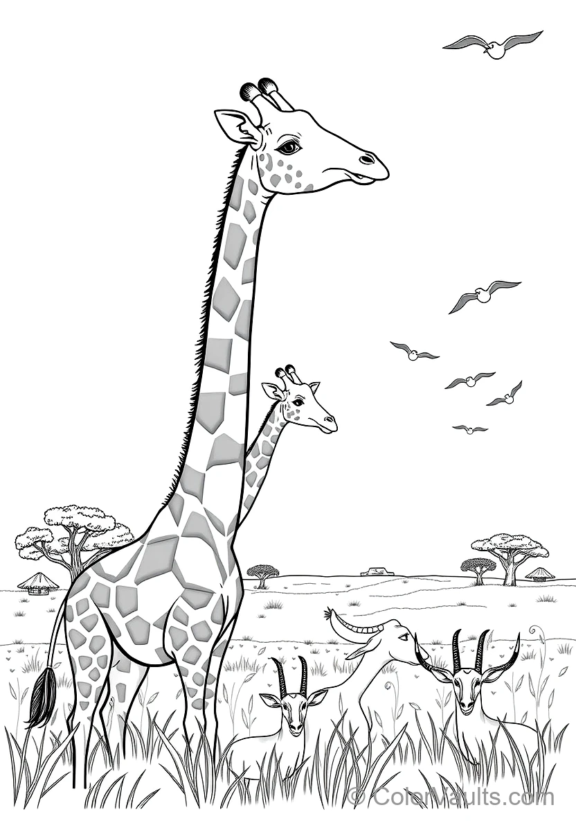 Tall Mother Giraffe and Baby Giraffe Feeding Together (Scene 3)
