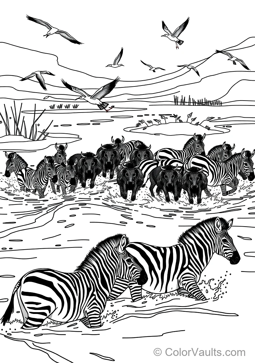 Zebras and Blue Wildebeests Crossing a Shallow River (Scene 6)