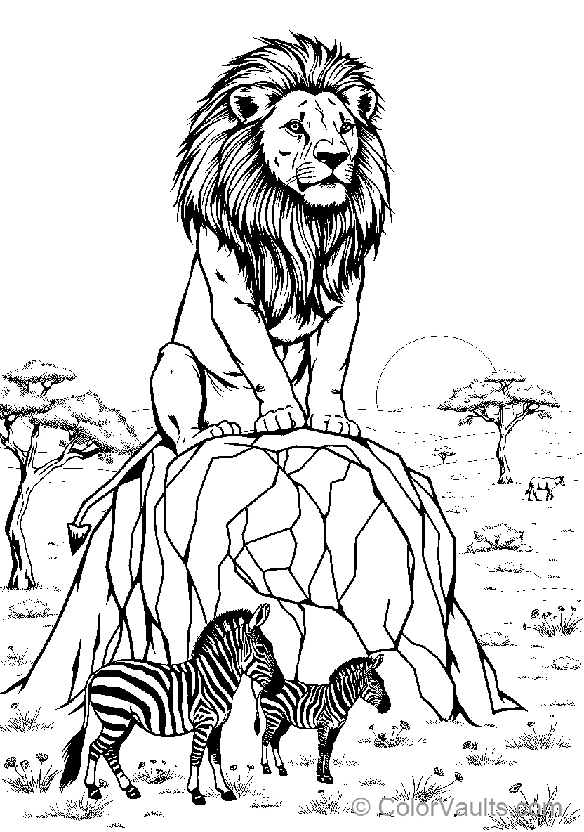 A Majestic Lion Sits Atop A Termite Mound Surrounded By Zebras