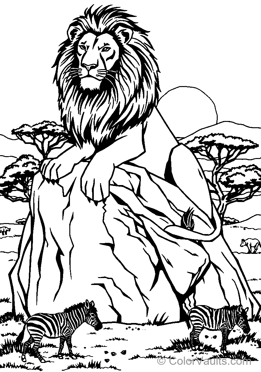 A Majestic Lion Sits On A Rock Surrounded By Zebras