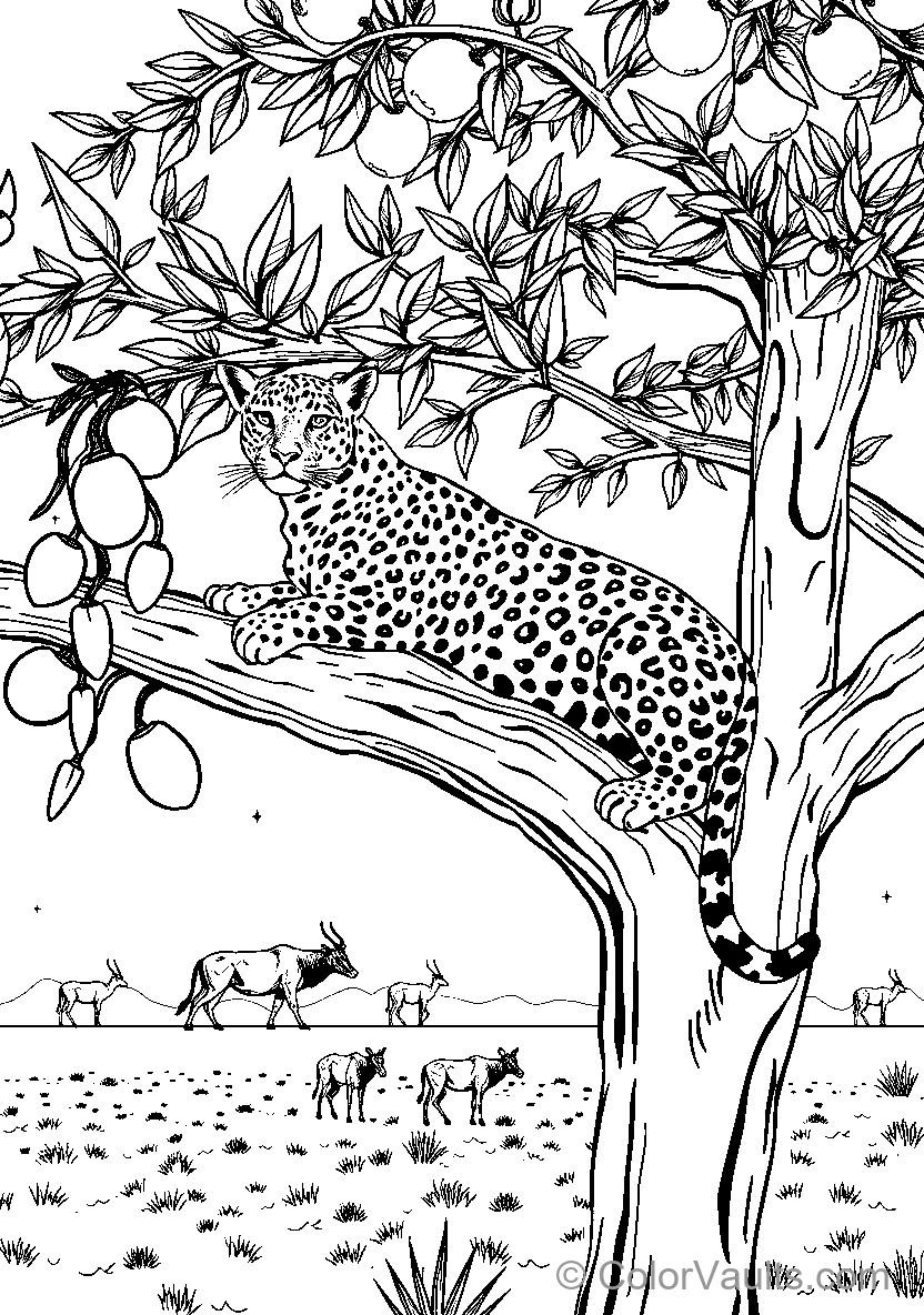 Leopard Lounging Under Fruit Trees