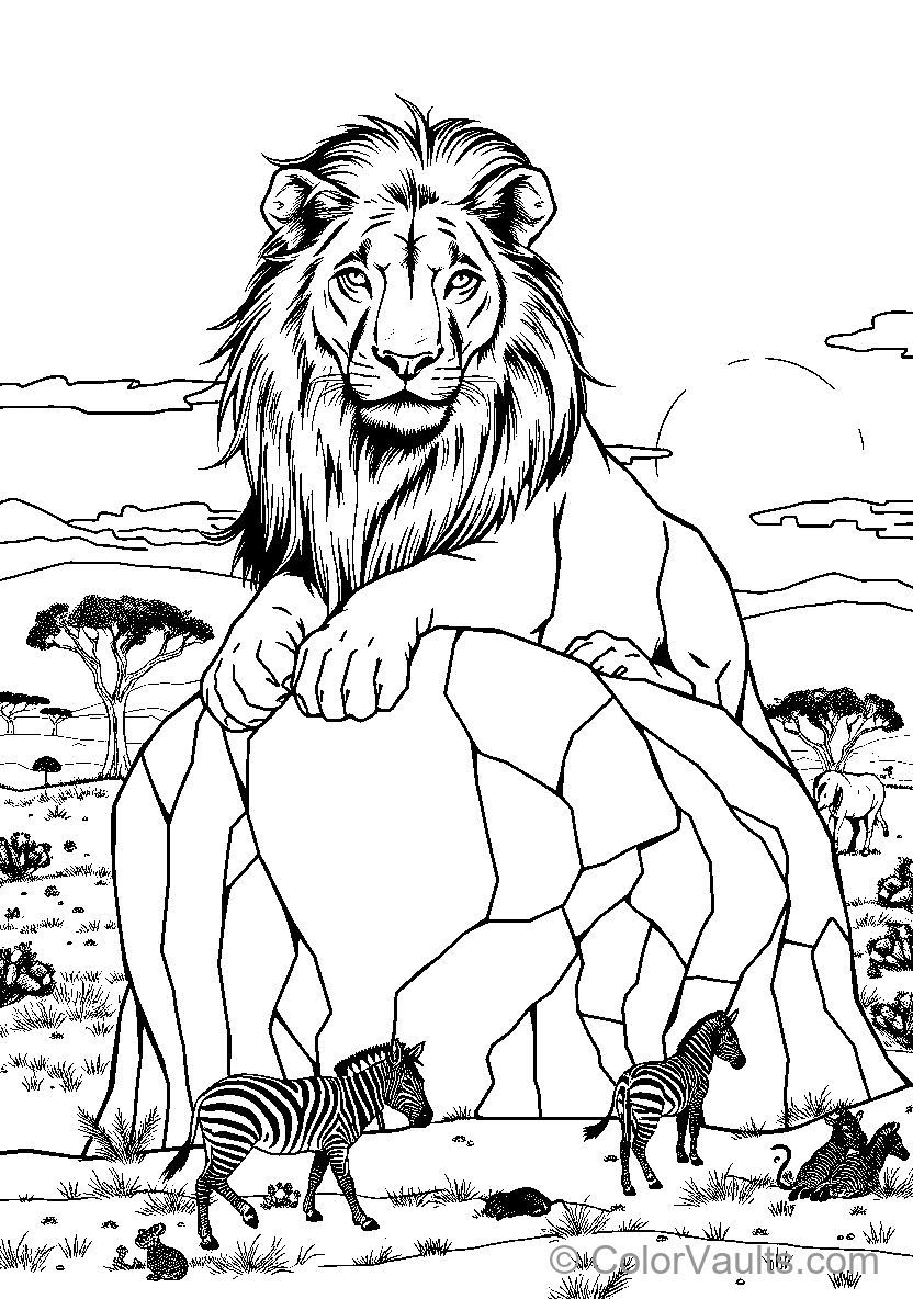 Lion Overlooking Zebras