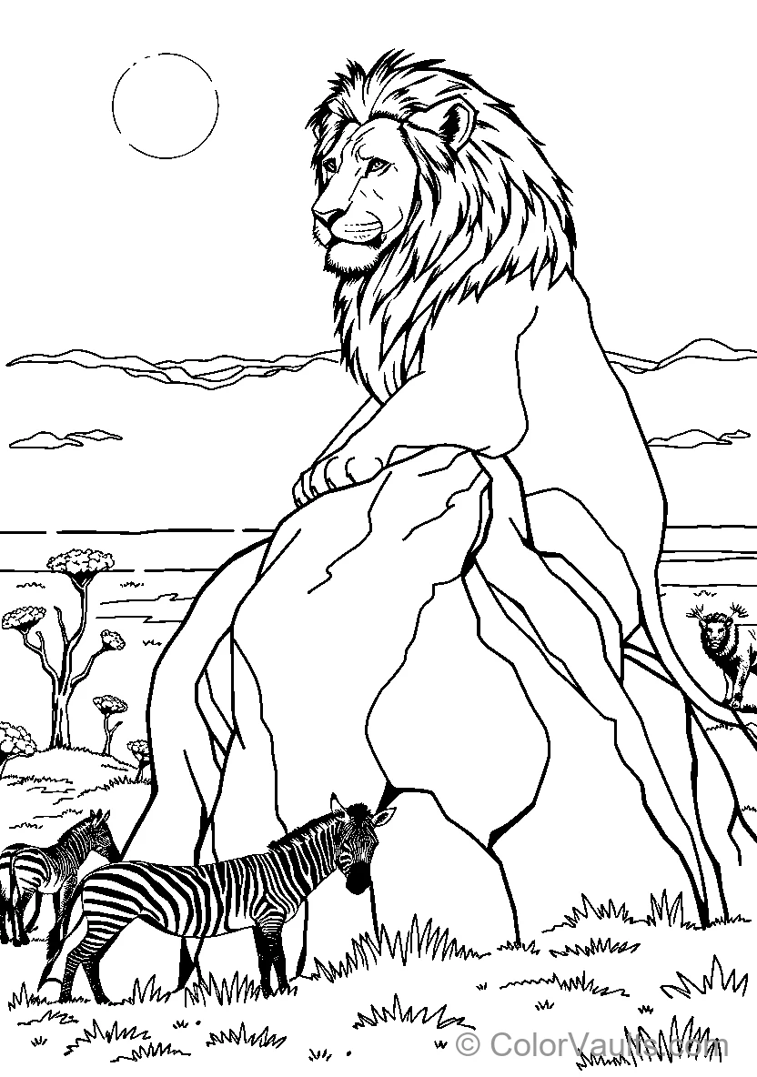 Lion Overlooking Zebras (Scene 2)