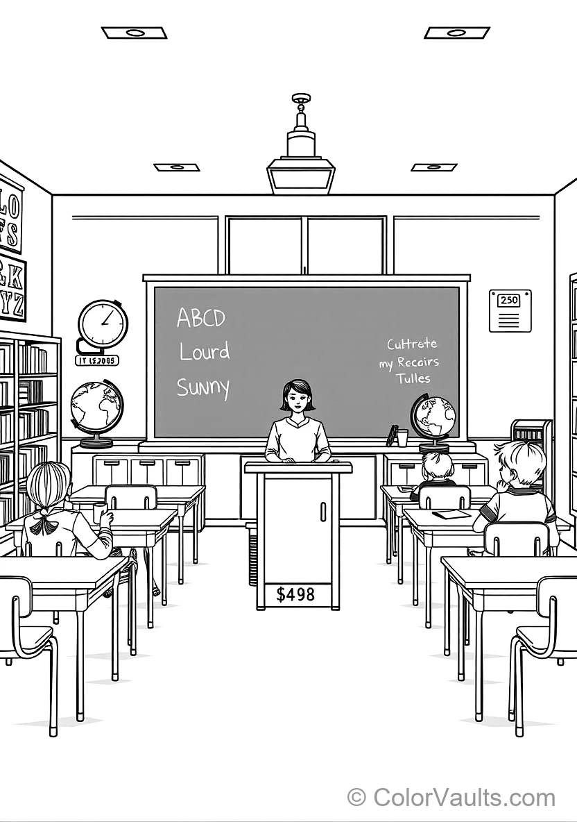 Cheerful Sunny Classroom mit Teacher at Blackboard