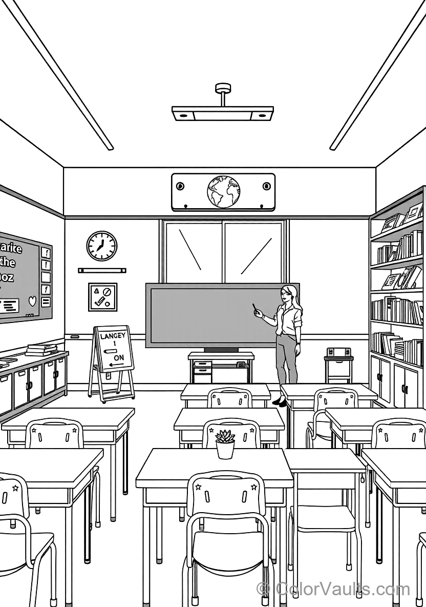 Cheerful Sunny Classroom mit Teacher at Blackboard (Scene 3)
