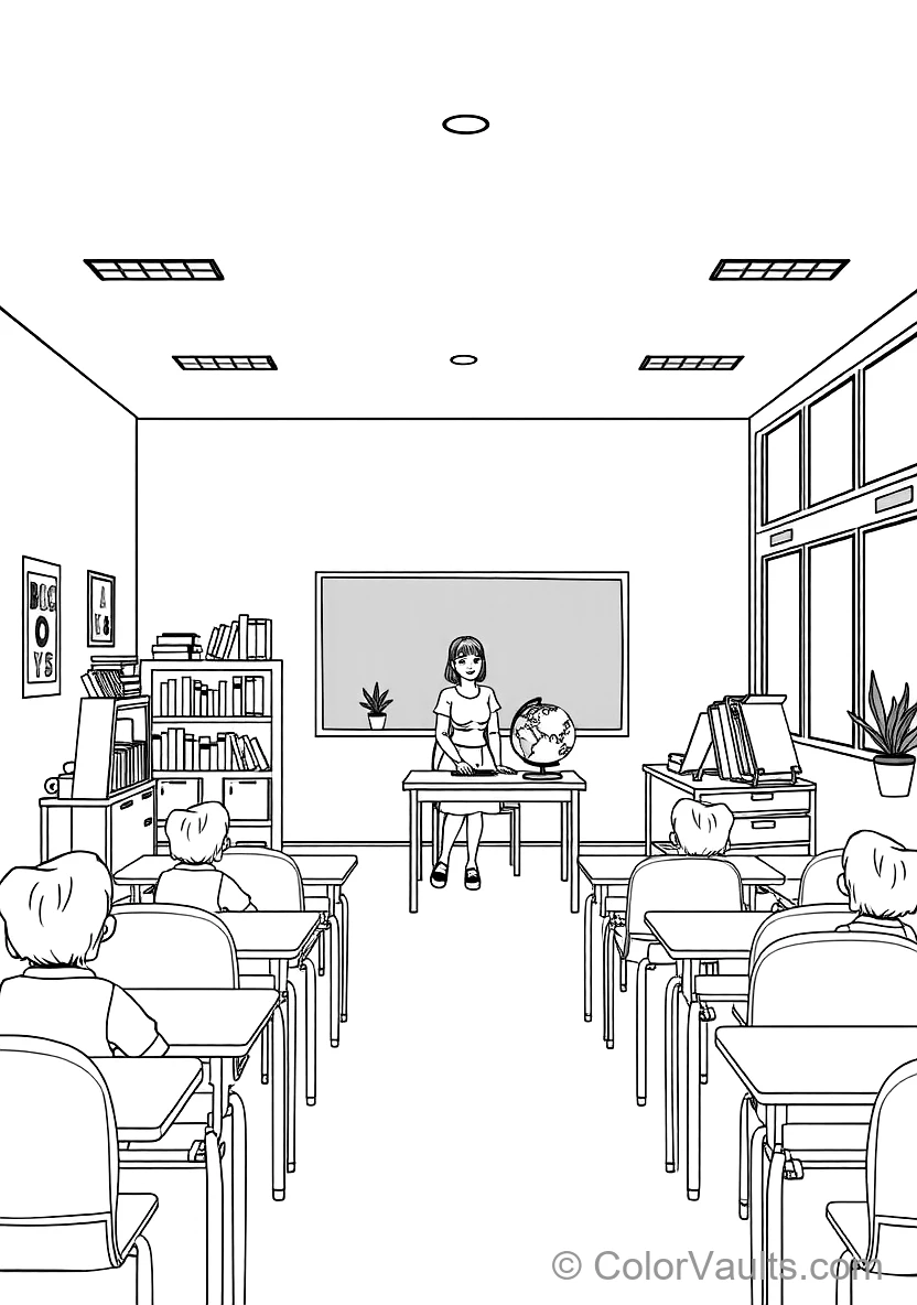 Cheerful Sunny Classroom mit Teacher at Blackboard (Scene 5)