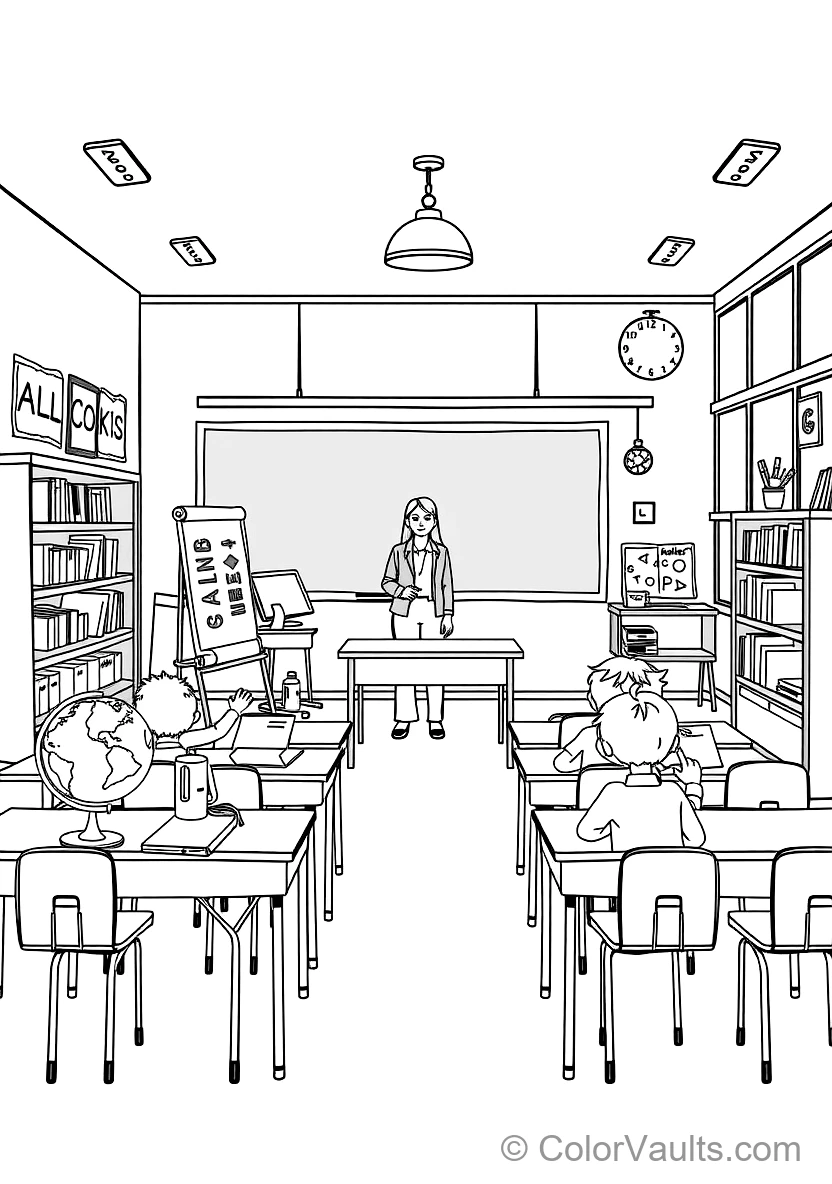 Cheerful Sunny Classroom mit Teacher at Blackboard (Scene 7)