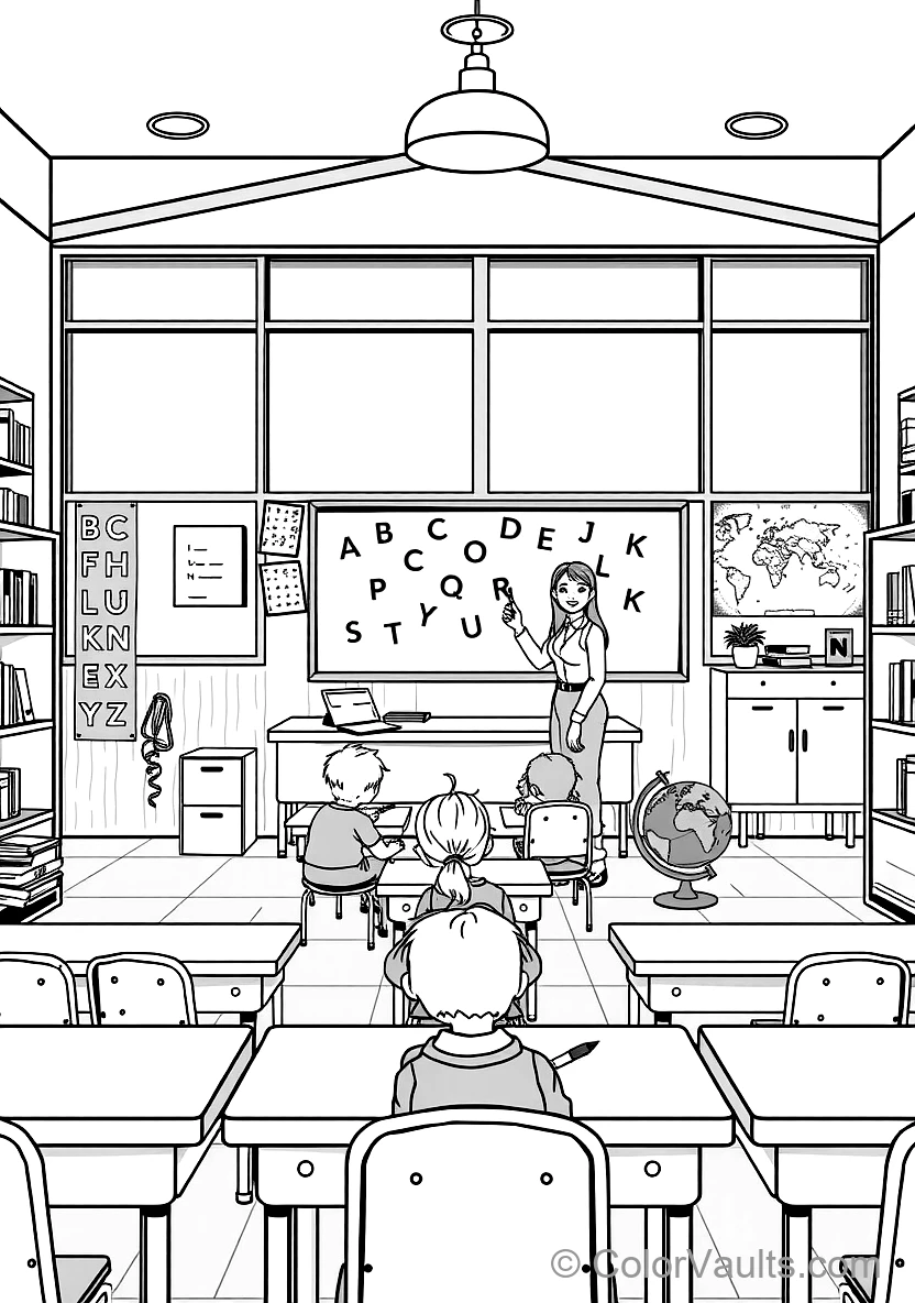 Cheerful Sunny Classroom mit Teacher at Blackboard (Scene 9)