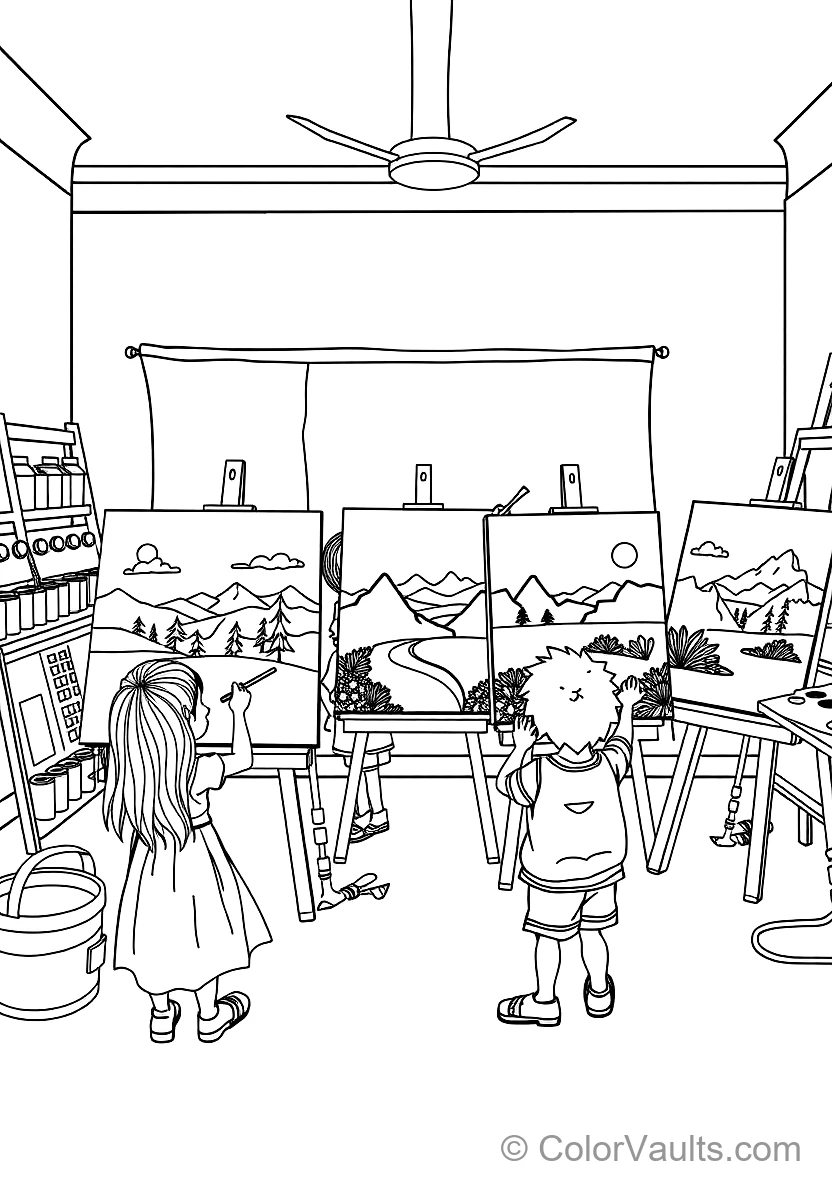 Joyful Children Painting Colorful Landscape Canvases (Scene 3)