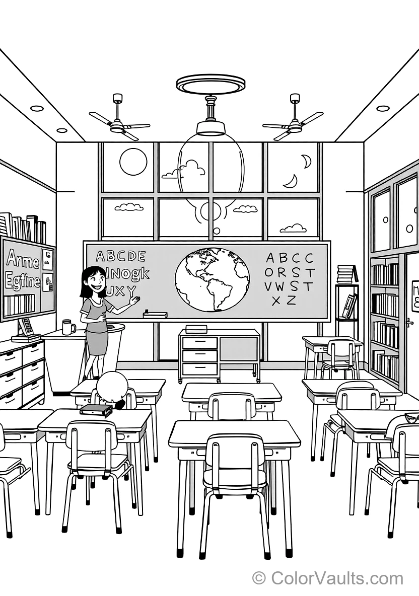 Cheerful Sunny Classroom mit Teacher at Blackboard (Scene 11)