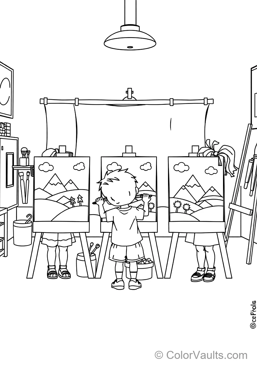 Joyful Children Painting Colorful Landscape Canvases (Scene 5)