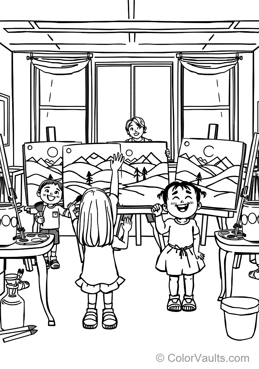 Joyful Children Painting Colorful Landscape Canvases (Scene 7)