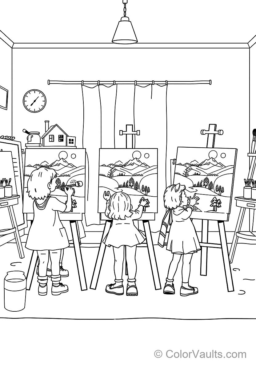 Joyful Children Painting Colorful Landscape Canvases (Scene 9)