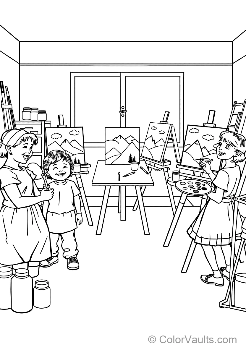 Joyful Children Painting Colorful Landscape Canvases (Scene 11)