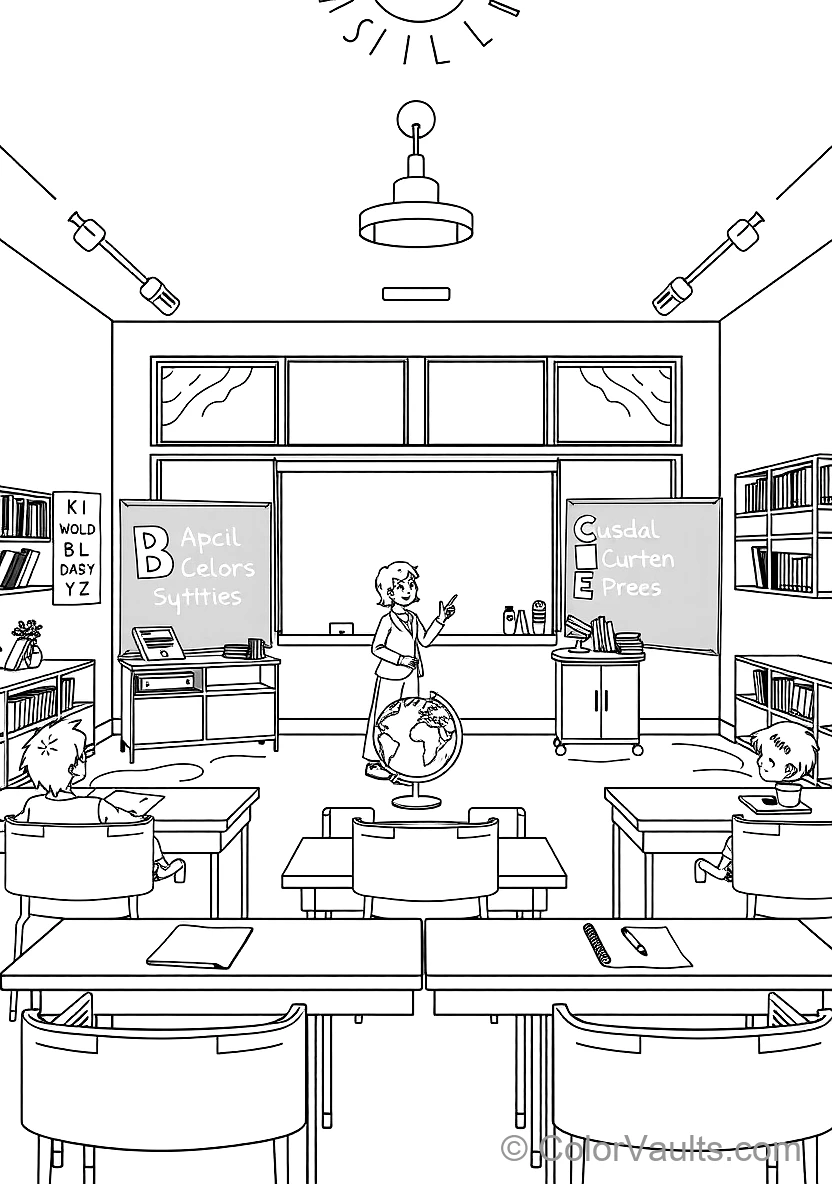Cheerful Sunny Classroom mit Teacher at Blackboard (Scene 13)
