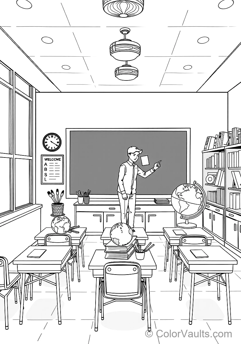 Cheerful Sunny Classroom mit Teacher at Blackboard (Scene 15)