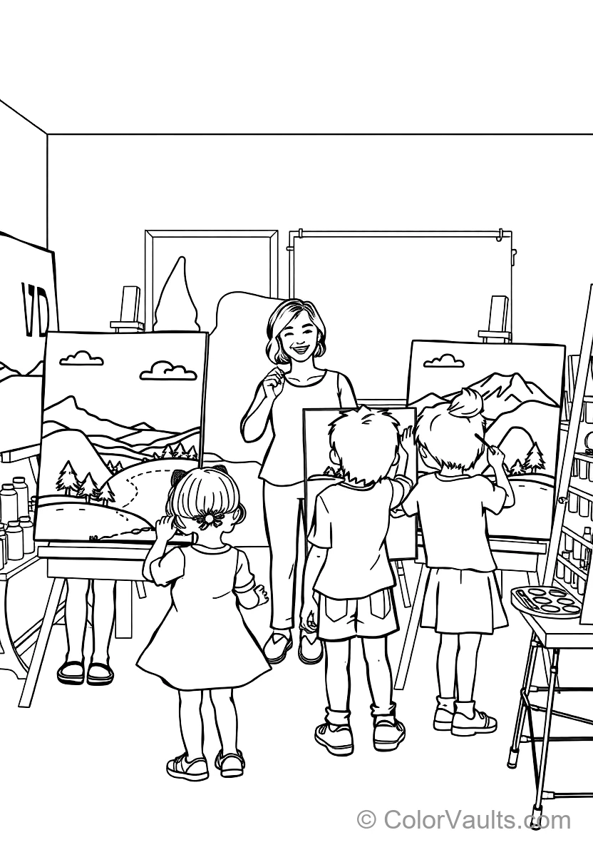 Joyful Children Painting Colorful Landscape Canvases (Scene 13)