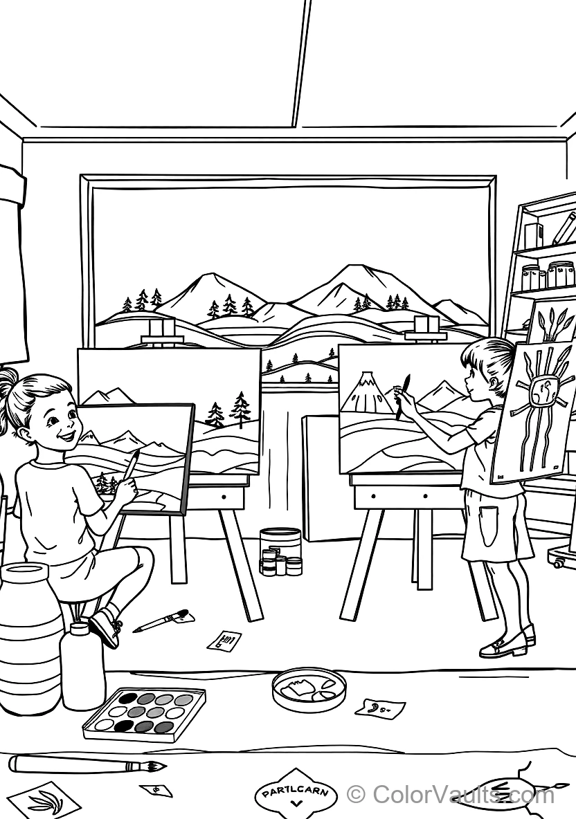 Joyful Children Painting Colorful Landscape Canvases (Scene 15)