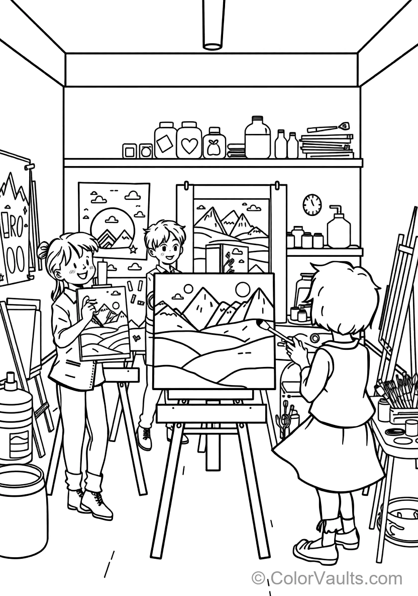 Joyful Children Painting Colorful Landscape Canvases (Scene 17)