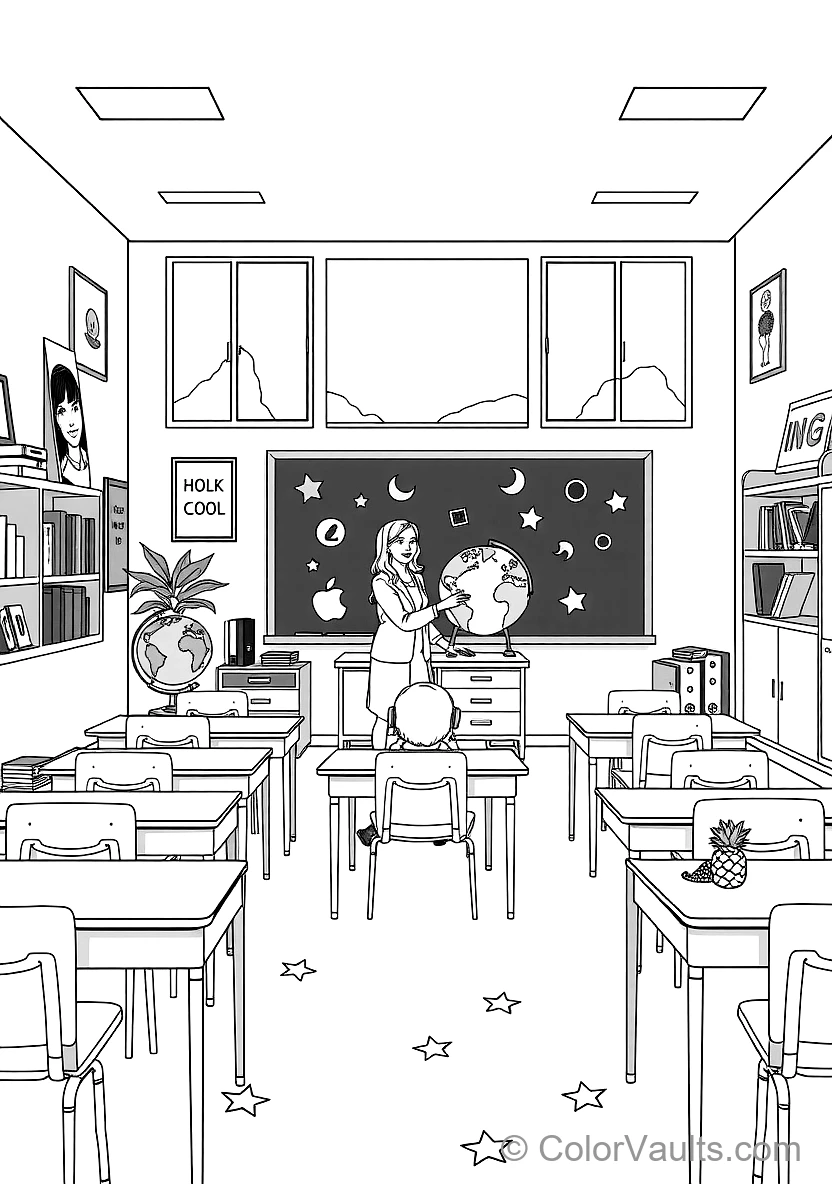 Cheerful Sunny Classroom mit Teacher at Blackboard (Scene 19)