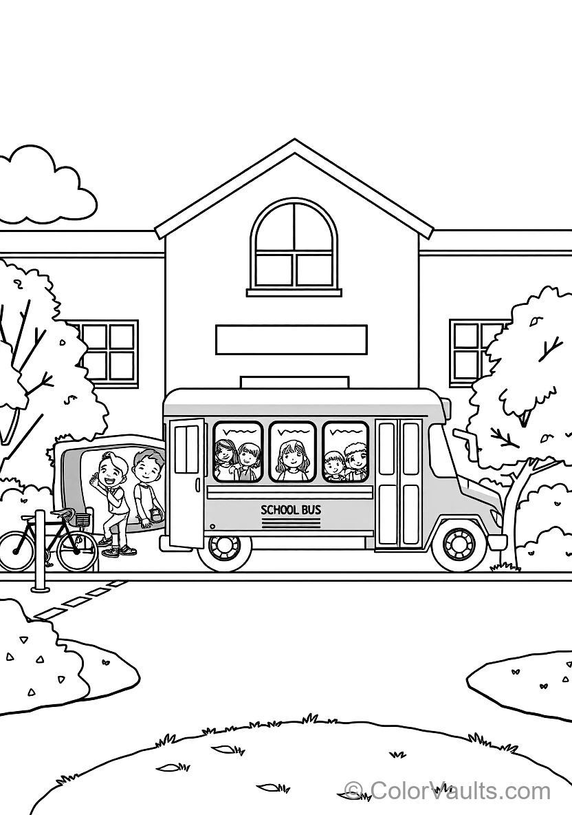 Big Yellow School Bus Parked in Front of the School (Scene 16)