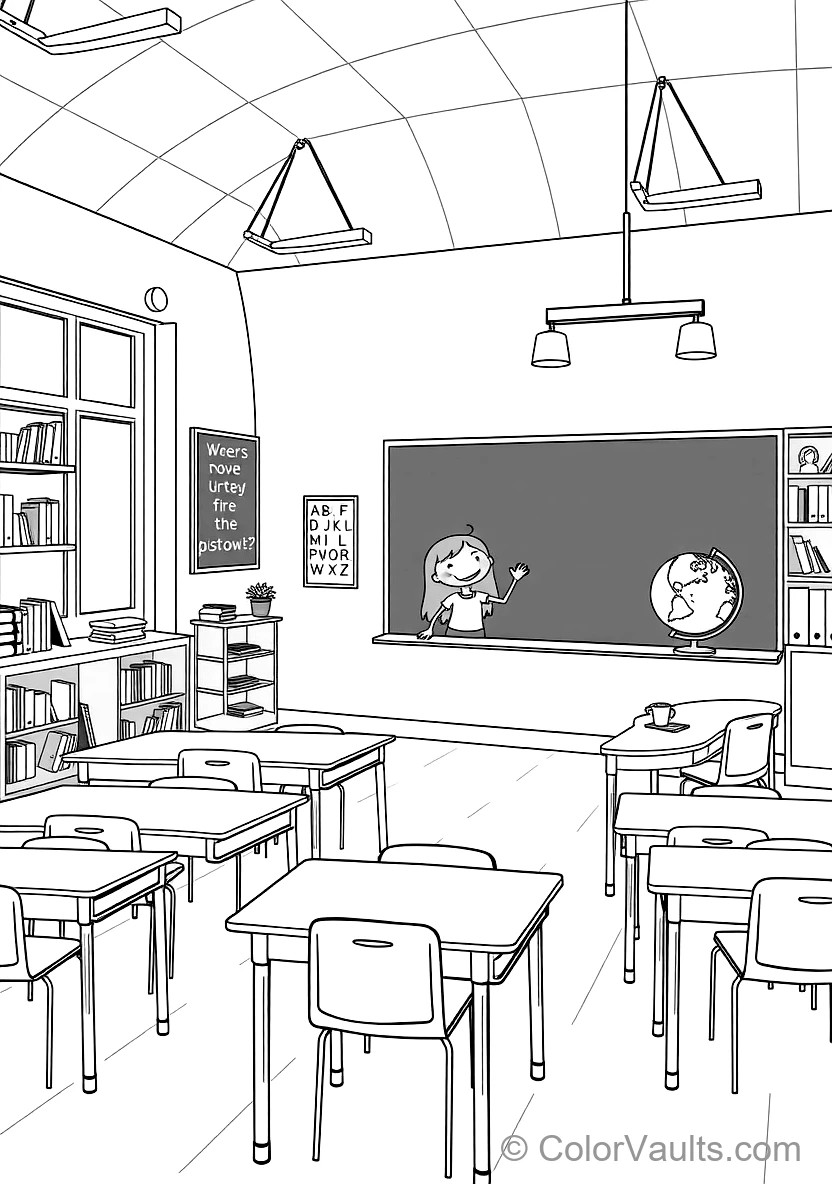 Cheerful Sunny Classroom mit Teacher at Blackboard (Scene 21)