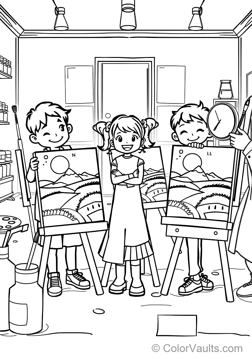 Joyful Children Painting Colorful Landscape Canvases (Scene 23)