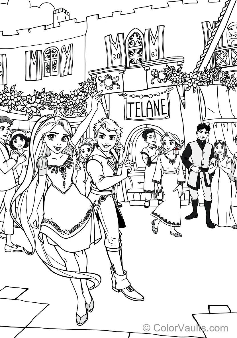 Rapunzel with Short Brunette Hair Smiling with Flynn