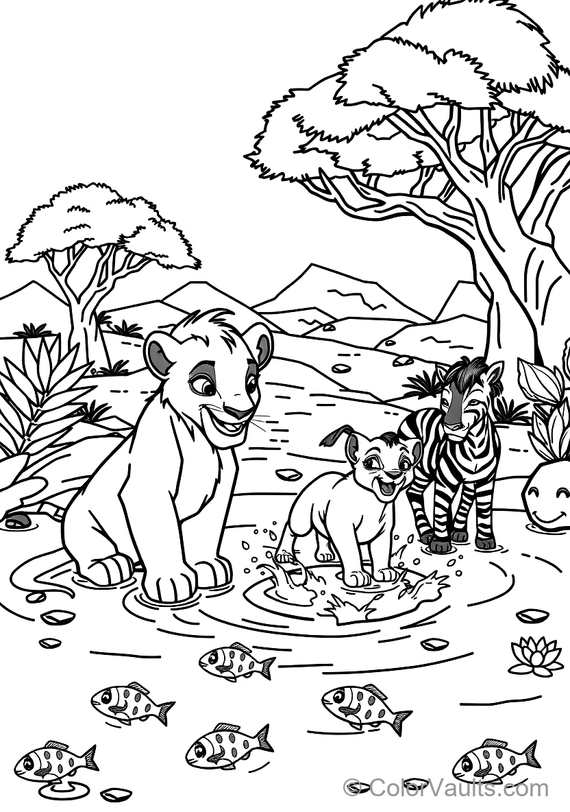 Simba and Nala Playing in the Waterhole Splashing (Scene 3)