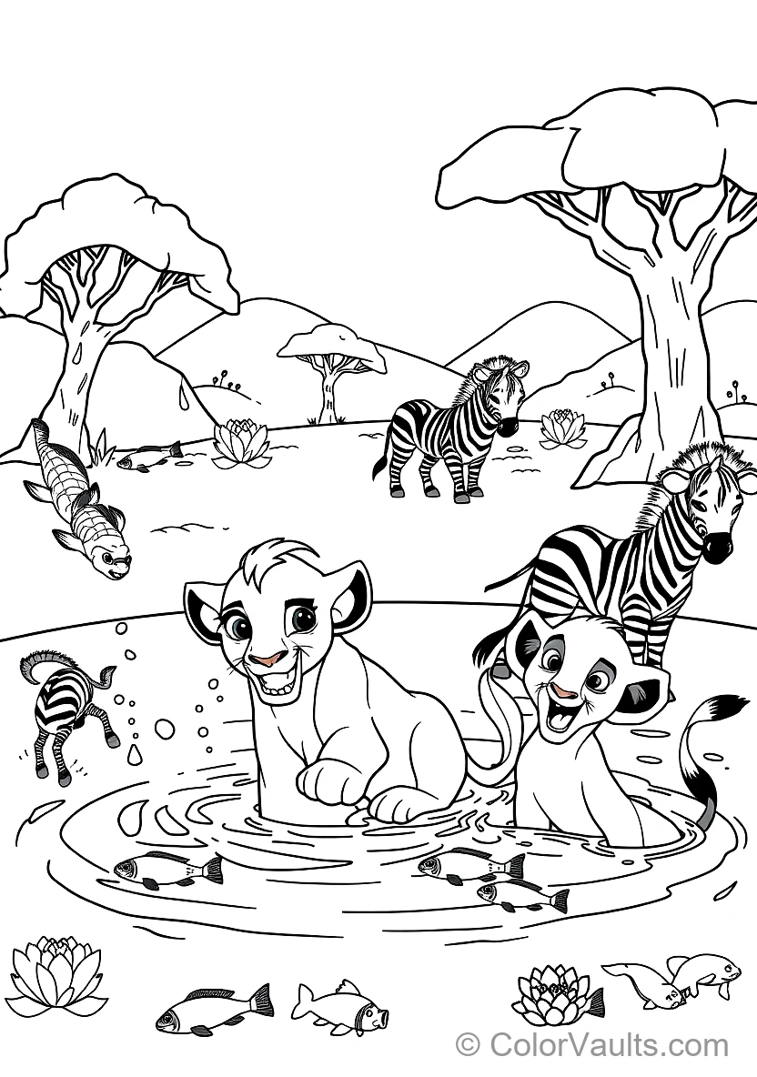 Simba and Nala Playing in the Waterhole Splashing (Scene 4)