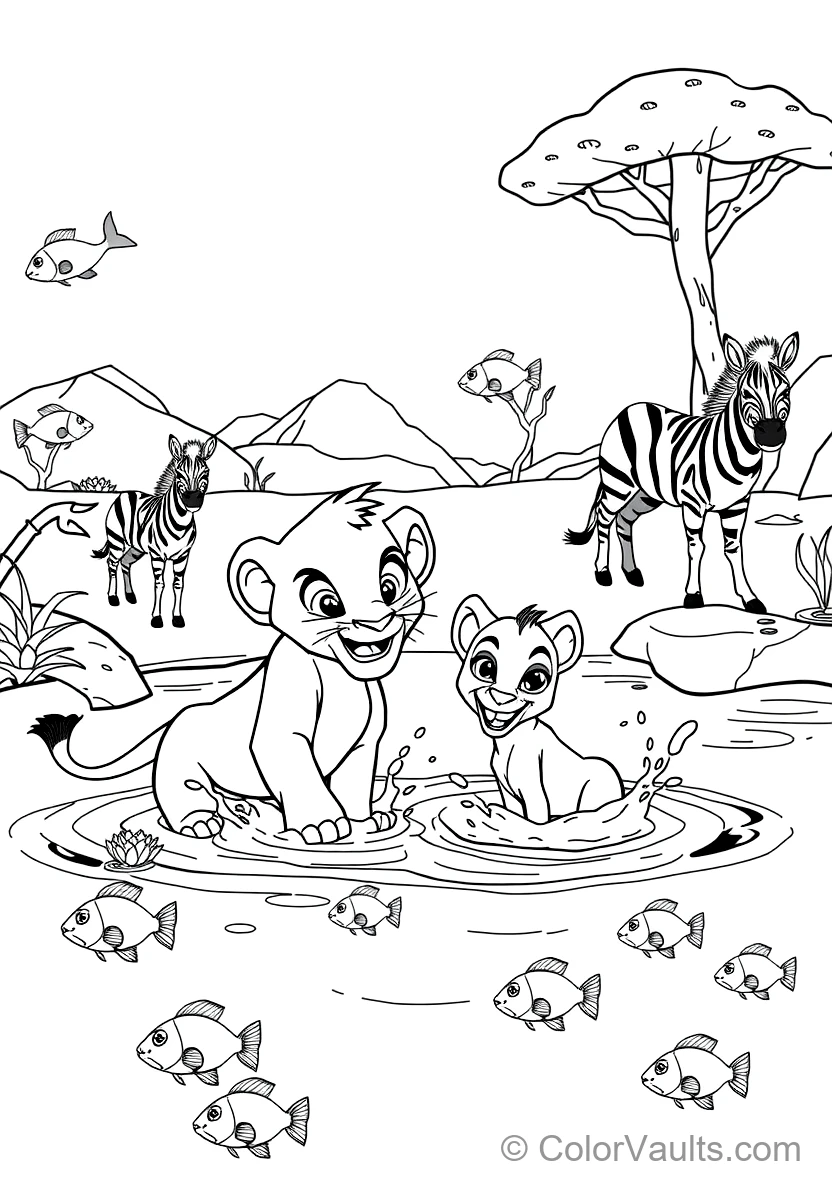 Simba and Nala Playing in the Waterhole Splashing (Scene 9)